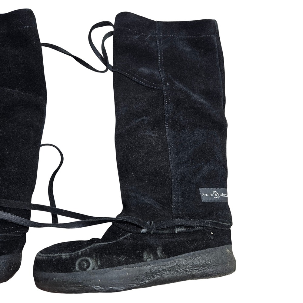 Steger Mukluks Vintage Boots L Black Suede Wrap Lace Tall Winter Mukluk